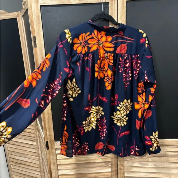 STYLUS Navy Floral Tie-Neck Blouse with Orange & Pink Blooms - Picture 4 of 5